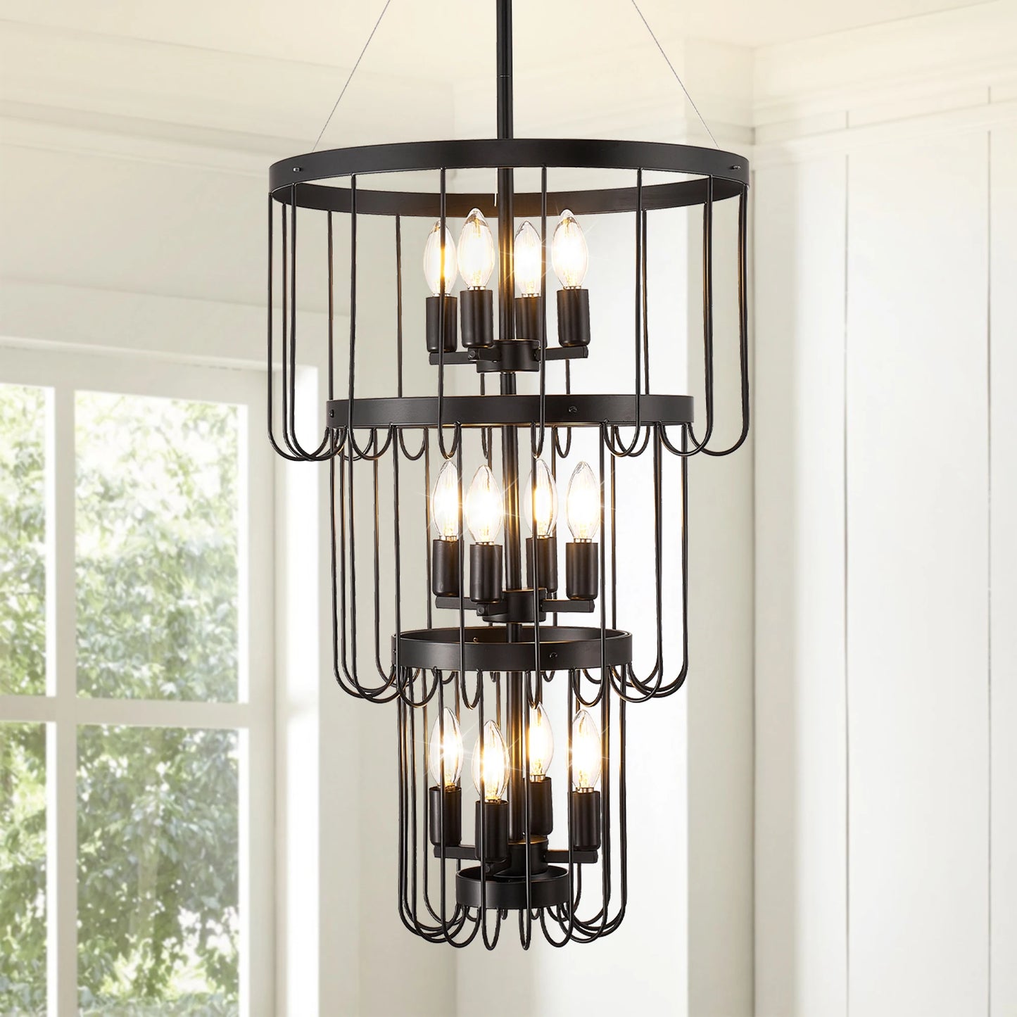 Farmhouse Lantern Tiered Chandelier for Foyer LED Lighting