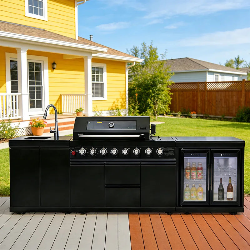Modern Modular Functional Stainless Steel Outdoor Kitchen Cabinets For Backyard Patio Garden With Grill Cooktop Sink Fridge LED