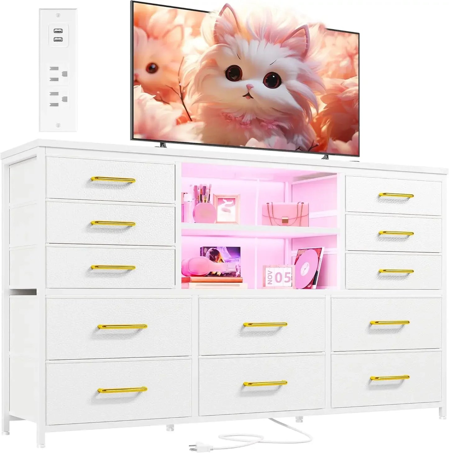 LED Light and Power Outlet Dresser TV Stand With Drawers