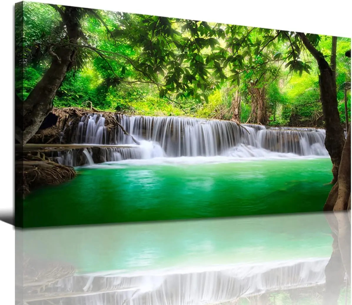 Waterfall Tree Landscape Canvas Wall Art, 50x100cm Framed Painting for Living Room Decor, Waterproof Ready to Hang