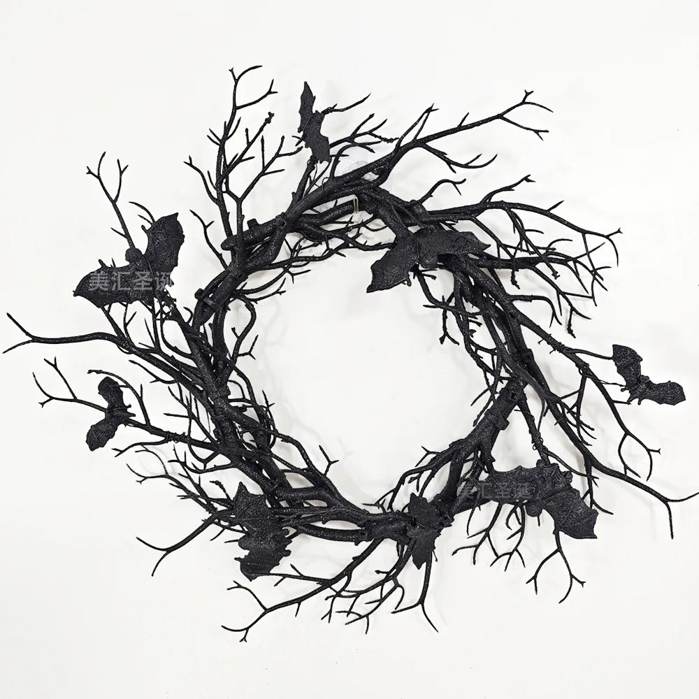 Halloween Wreath For Front Door Artificial Wreath Bat Black Branch Wreaths With LED Light Window Home Decor Halloween Decoration