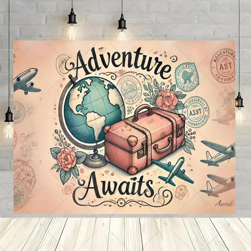 Let The Adventure Begin World Airplane Graduation Backdrop