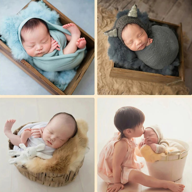 Newborn Photography Props Natural Rabbit Fur Rug Baby Photo Blankets Studio Infant Posing Basket Filled Background Accessories