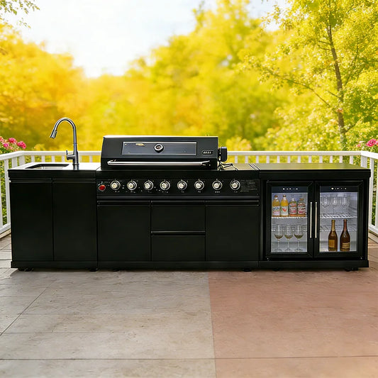 Modern Modular Functional Stainless Steel Outdoor Kitchen Cabinets For Backyard Patio Garden With Grill Cooktop Sink Fridge LED