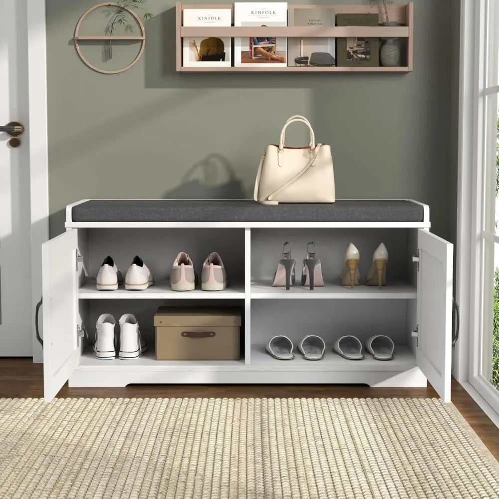 Shoe Storage Bench Two Tier Farmhouse Entryway Padded Seat