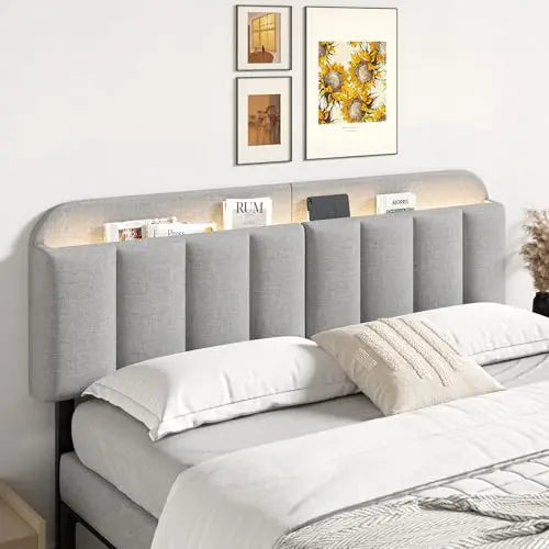 Adjustable Headboard for King/California King Size Bed Frame, Linen Fabric Bed Headboard with Storage & RGB LED Light