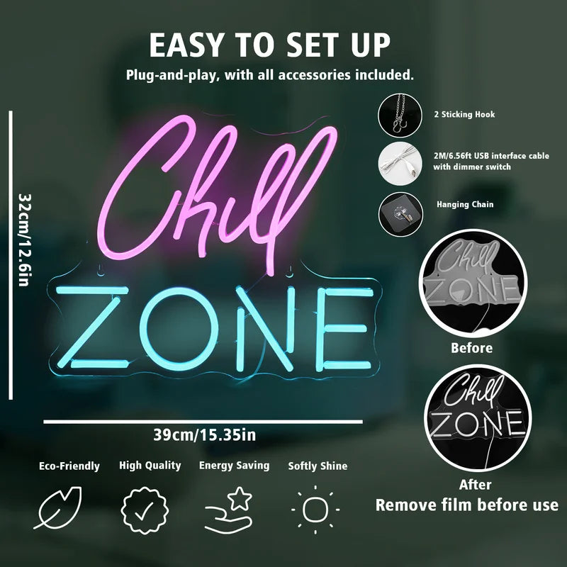 Chill Zone Neon Signs Custom For Lounge Game Room Bar Man Cave Bedroom Wall Art Decor 5/12V USB Powered Dimming Led Neon Sign