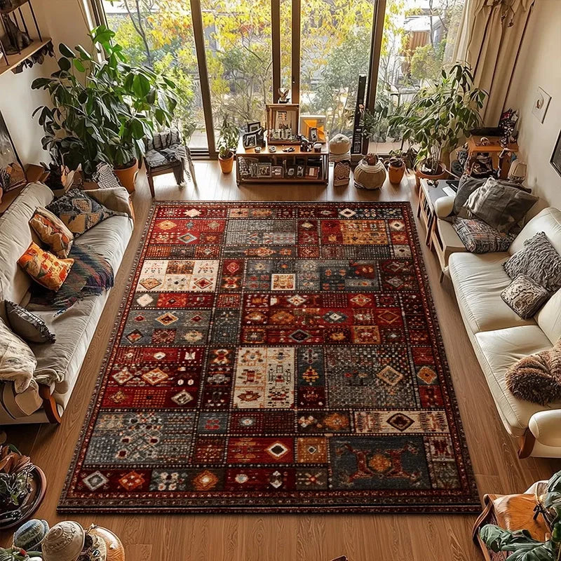 RAKKS Large Retro Red Ethnic Style Patchwork Carpet Area Rug Non-slip Living Room Decor Sofa Rug Bedroom Bedside Rug Floor Mat