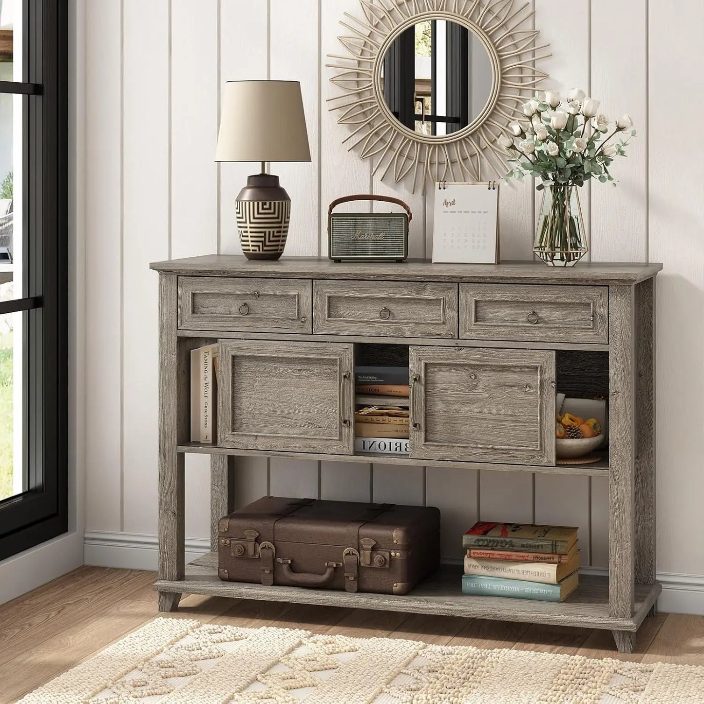 Vabches Entryway Console Table With 3 Drawers And Doors