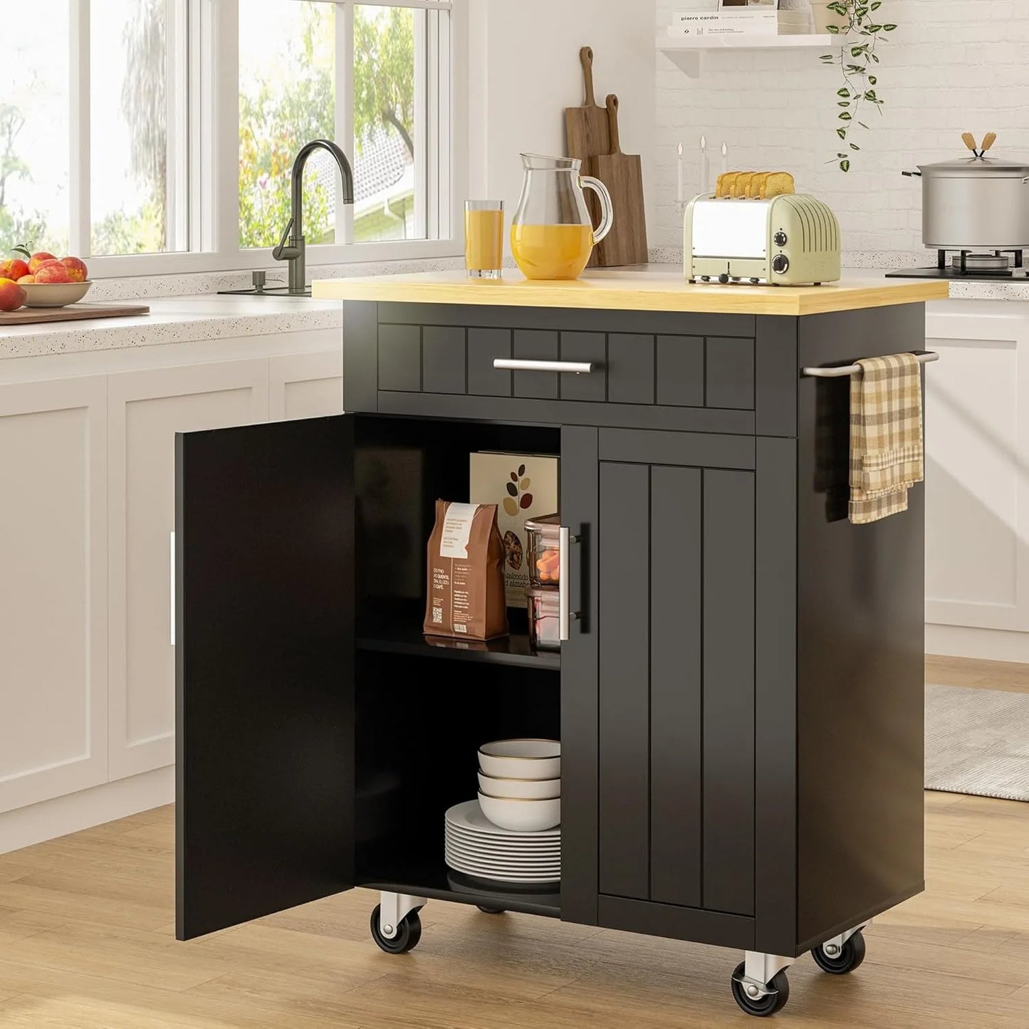Kitchen Island On Wheels With Storage Cabinet And Drawer