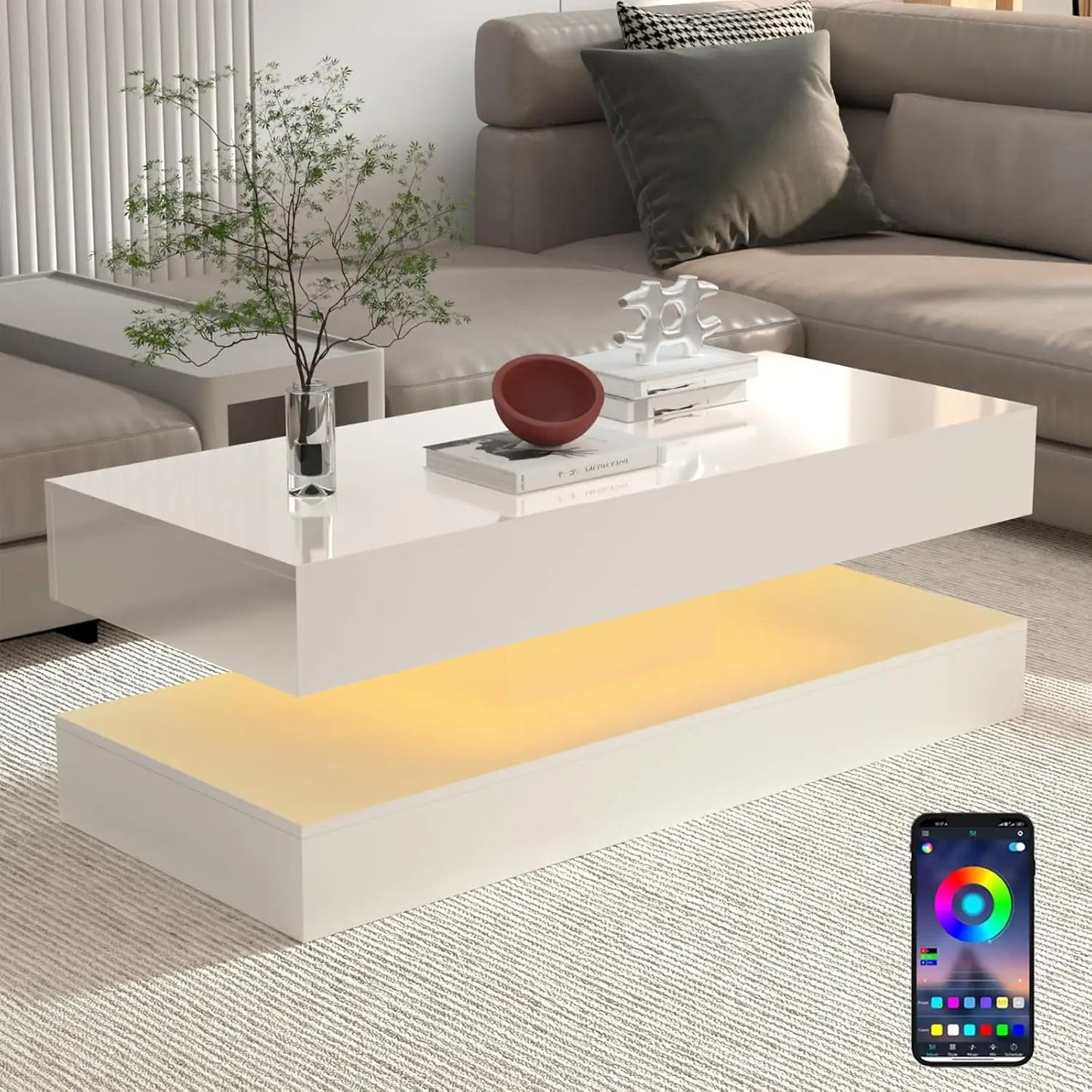 Modern LED Coffee Table With Dual Layer And 2 Drawers