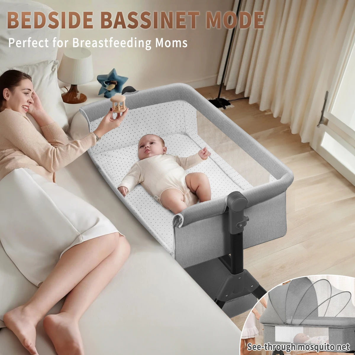 3-in-1 Adjustable Height Baby Bassinet Beside Sleeper Baby Easy Folding Bedside Bassinet Storage Basket、Mattress and Wheels