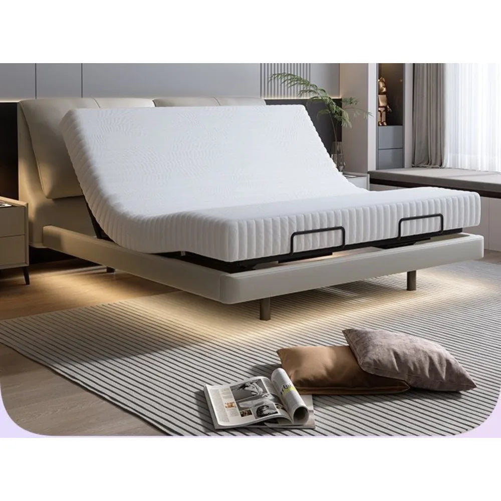 Smart Electric Bed with Floating Design Modern Luxury Genuine Leather Bed Frame Adjustable Lift King Size Bed for Master Bedroom