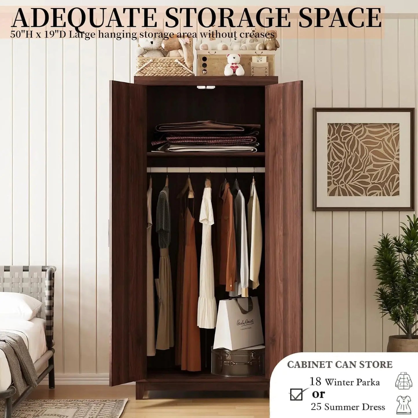 70" Tall Wardrobe Closet with Doors and Shelves, Hanging Clothes Storage Cabinet with Rods, Large Bedroom Armoire, Customized