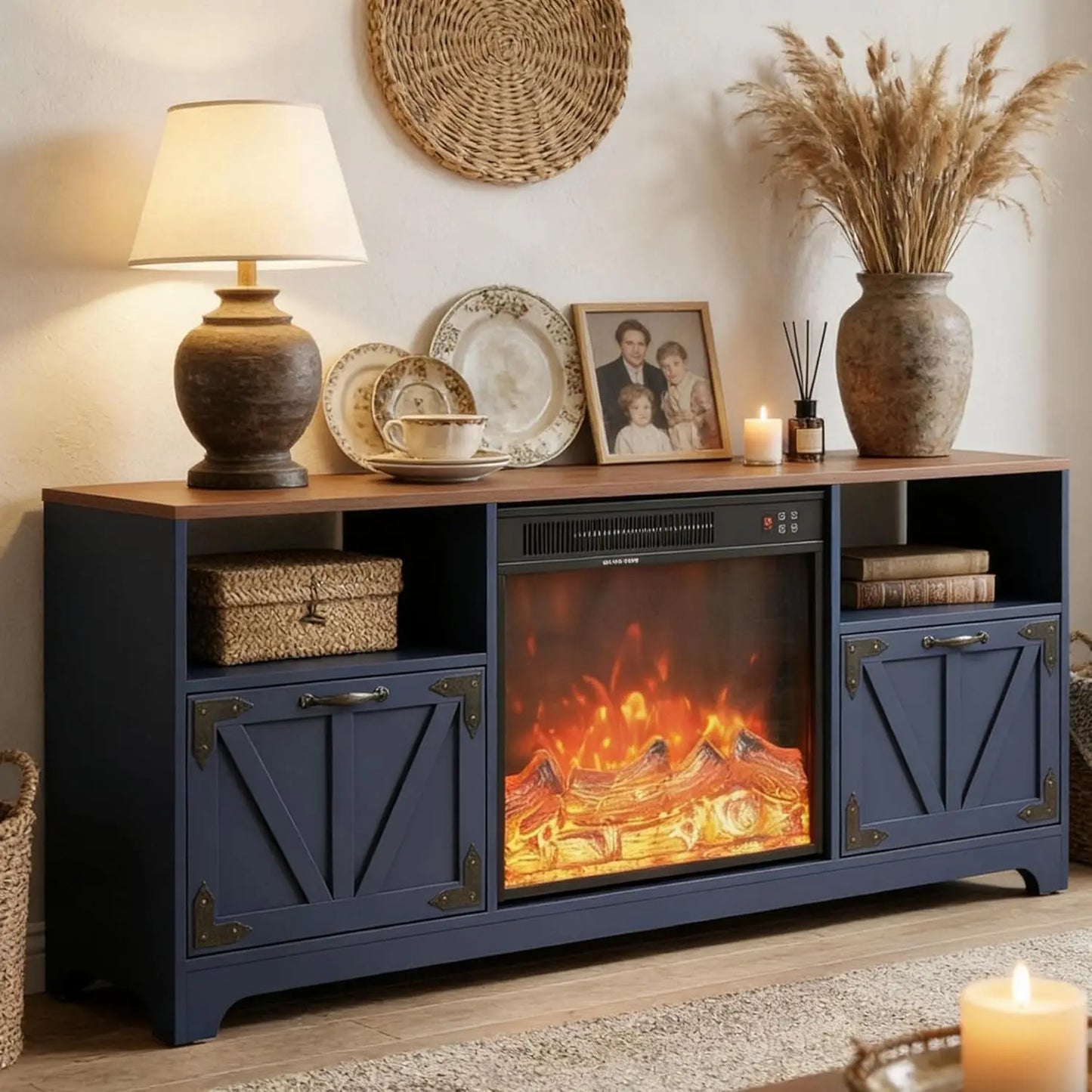 Fireplace TV Stand for Living Room, Farmhouse Entertainment Center with 23" Electric Fireplace for TVs UP to 65",, Customized