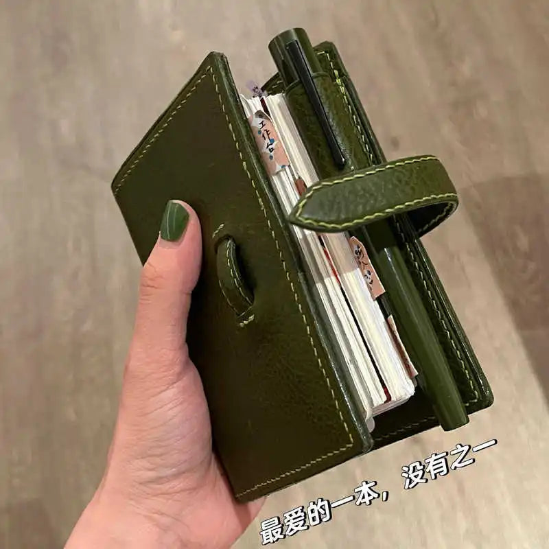 M5 Green Leather Notebook Portable Pocket-Sized with Loose Leaf Pages 60/40 Blank Inner Space Ideal for Girls Back to School