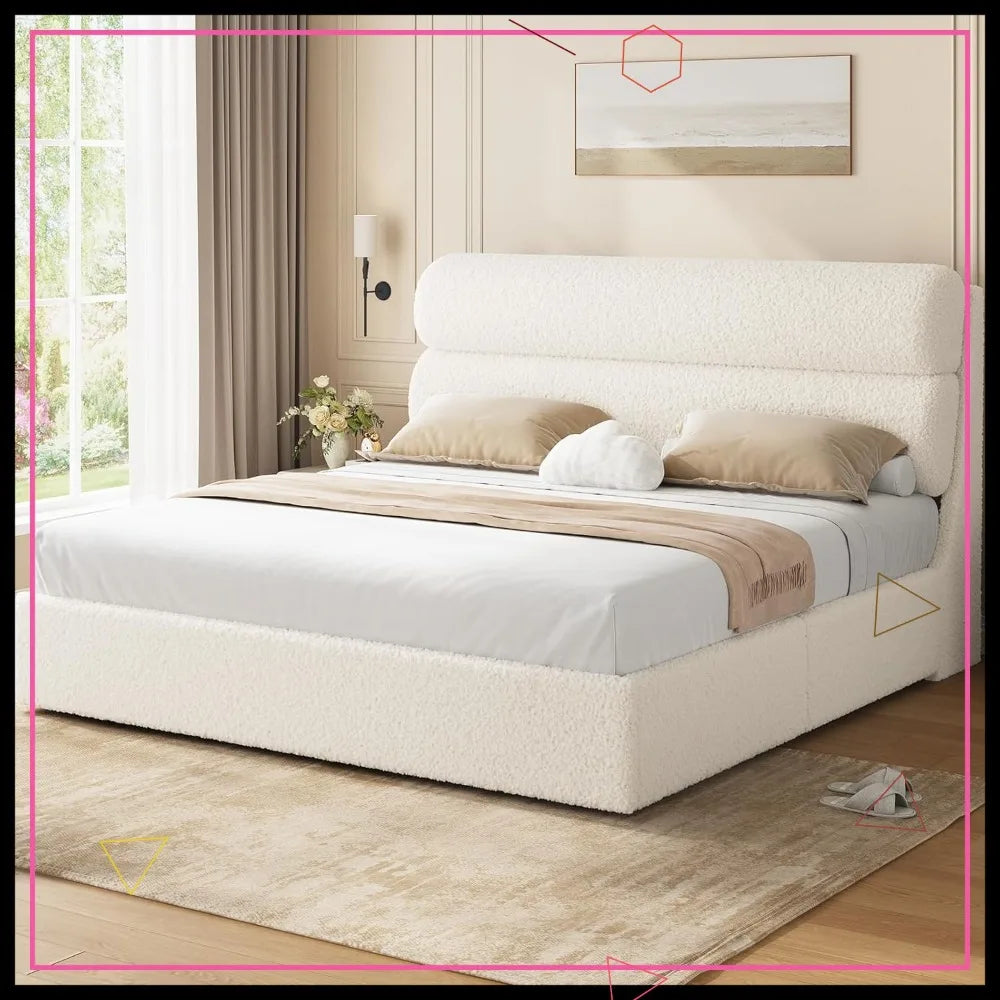 California King Boucle Bed Frame with Headboard, Upholstered Platform Bed, No Box Spring Required, Easy Assembly