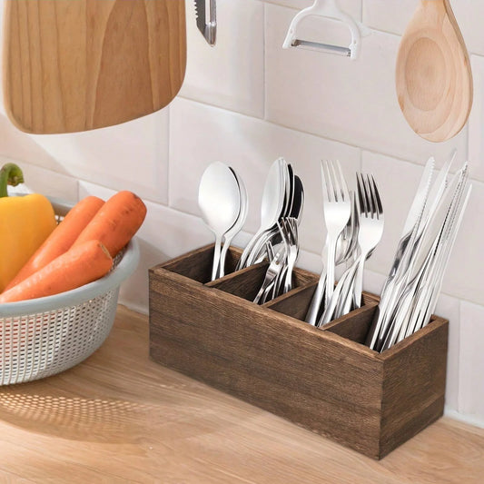 Wood Cutlery Caddy Kitchen Utensil Organizer with 4 Compartments Silverware Storage Kitchen Countertop Flatware Organizer
