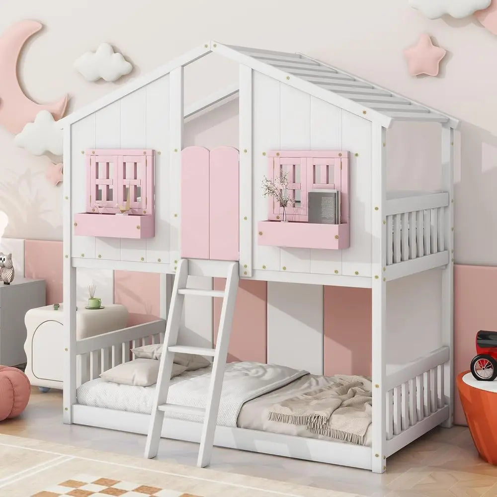 Twin-Size Loft Bunk Bed with Room, Storage, and Window for Kids, Pink and White