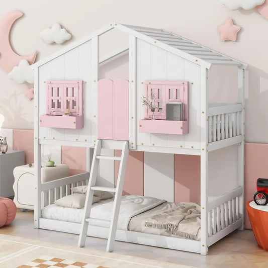 Twin-Size Loft Bunk Bed with Room, Storage, and Window for Kids, Pink and White