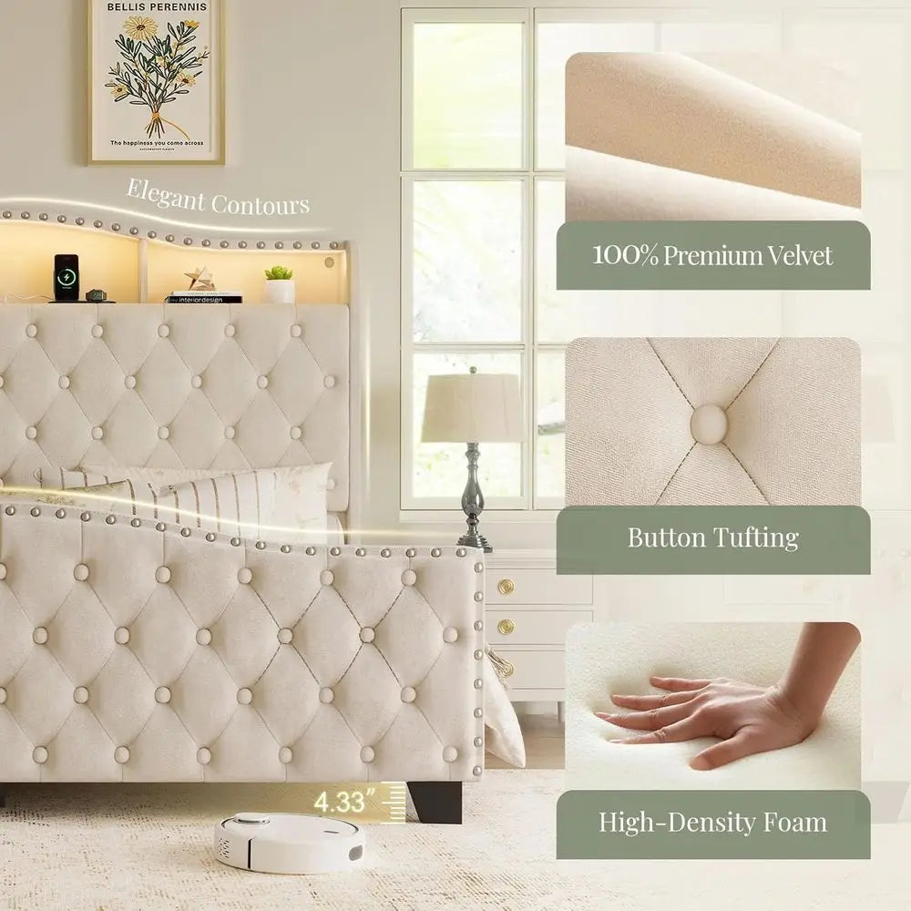 Velvet Wingback Bed Frame with LED Lights, Storage, and Charging Station - No Box Spring Needed,Customized