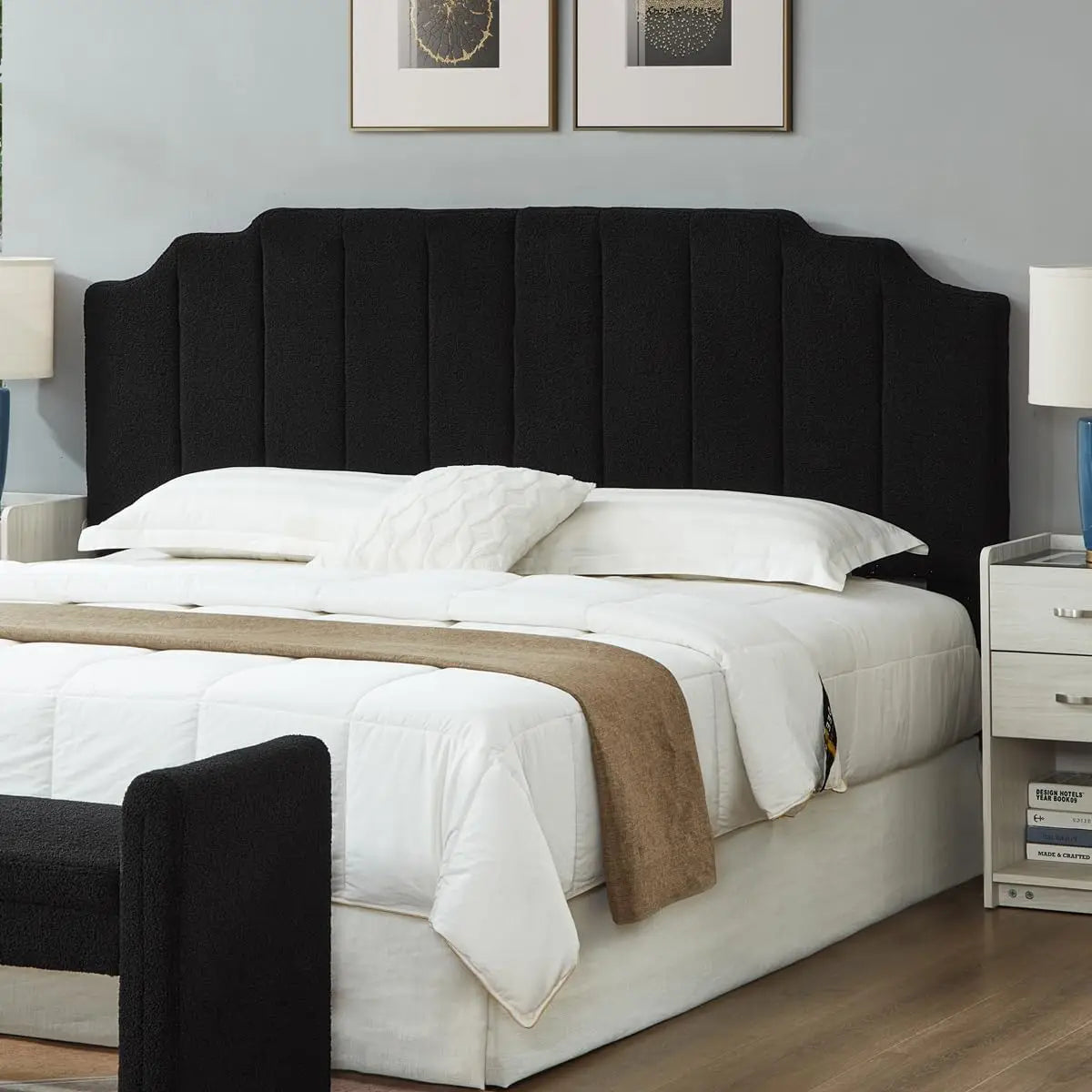 White Teddy Fabric Tufted King Upholstered Headboard, Modern Vertical Channel Design California King Headboard with Stepped Sil