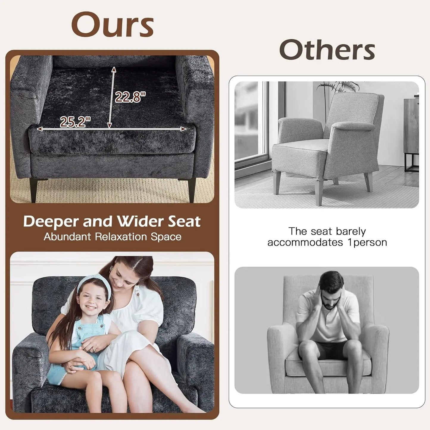 Oversized Chenille Accent Chair, Comfy Armchair for Living Room, Mid-Century Upholstered Reading Single Sofa Chair, Customized