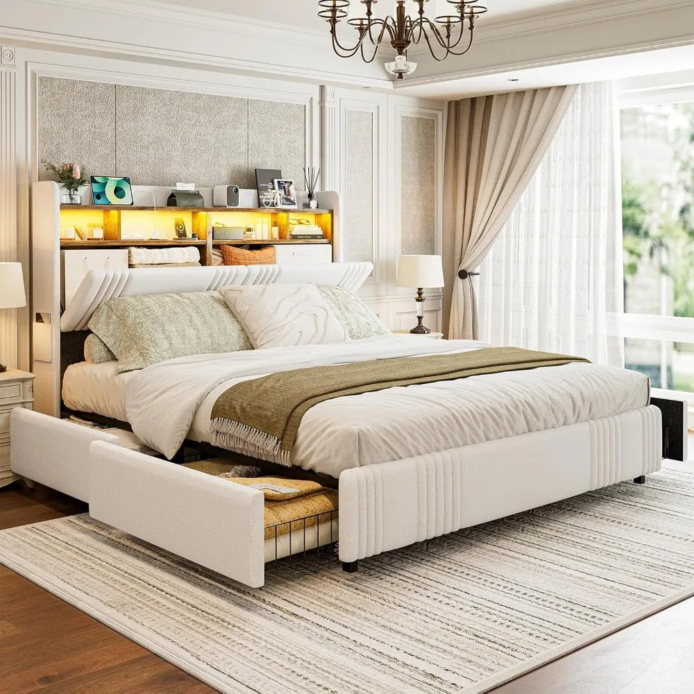 49.2” Tall California King Bed Frames with 4 Storage Drawers, Upholstered Wingback Hidden Storage Headboard
