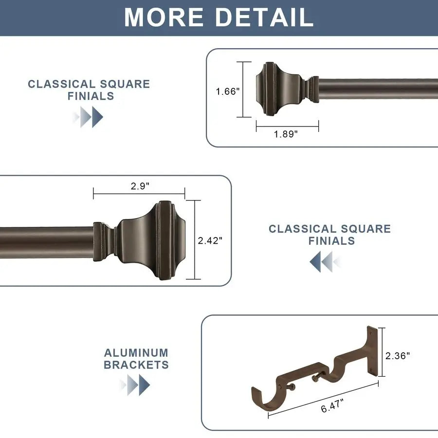 Curtain Rod, 1 inch Adjustable Heavy Duty Drapery Double Rod for Window 144 to 164 Inches 1213.6Feet, Vintage Square Finials,Pre