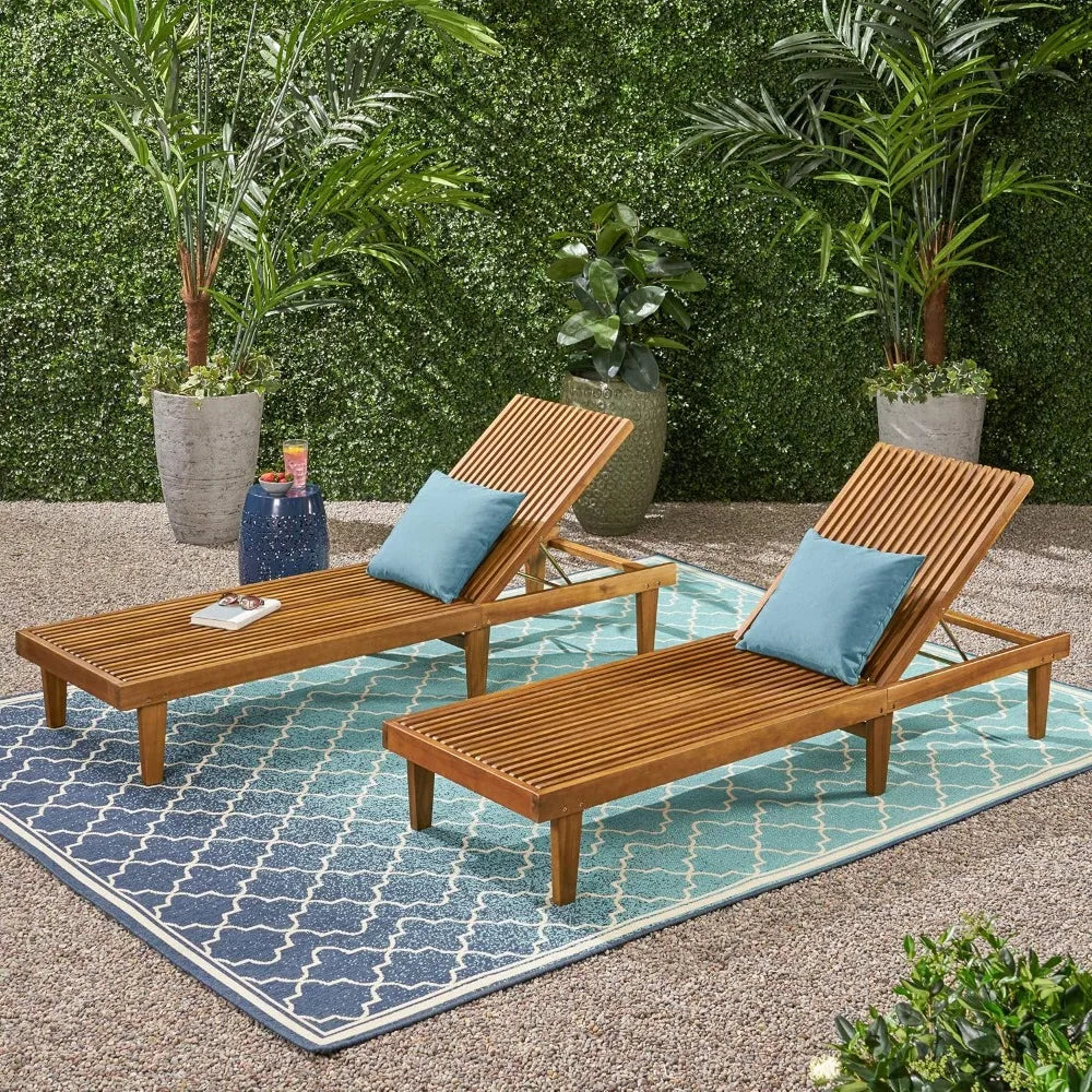 Outdoor Wooden Chaise Lounge, Set of 2 with Teak Finish, Pool Recliner Lounge Chairs