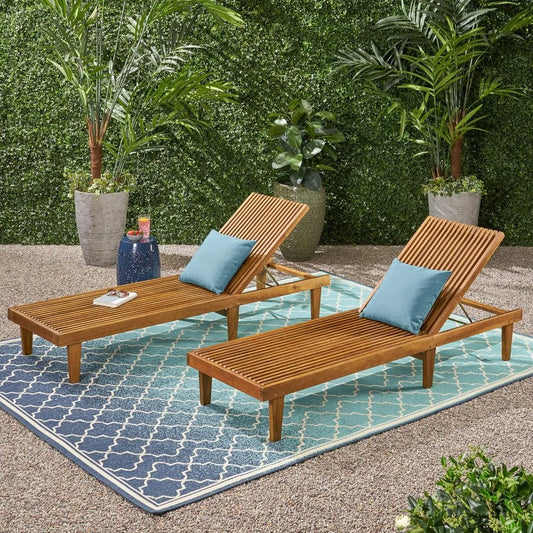 Outdoor Wooden Chaise Lounge, Set of 2 with Teak Finish, Pool Recliner Lounge Chairs