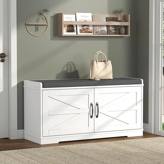 Shoe Storage Bench Two Tier Farmhouse Entryway Padded Seat