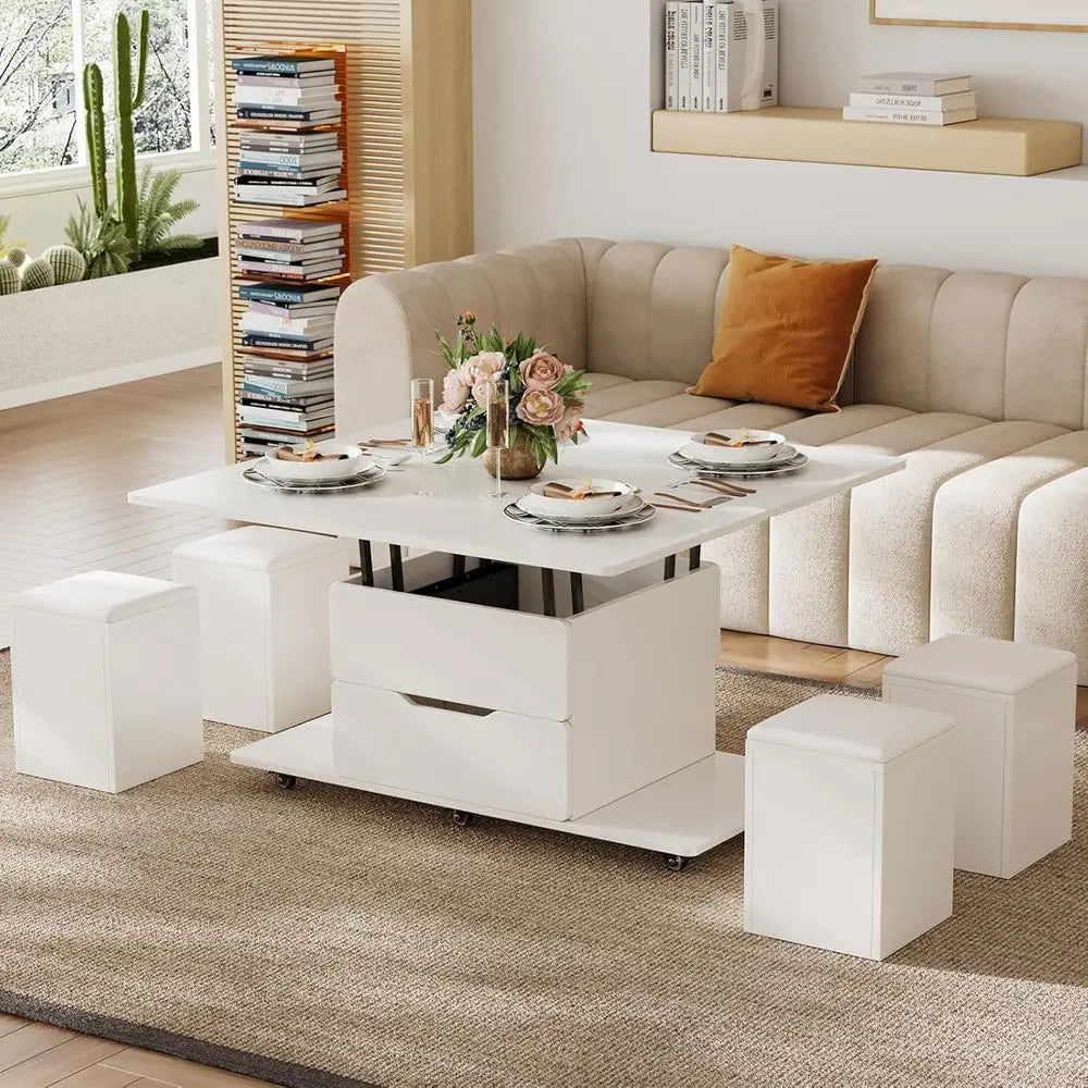 ZHUXIANG Lift Top Coffee Table With Storage And Stool Set