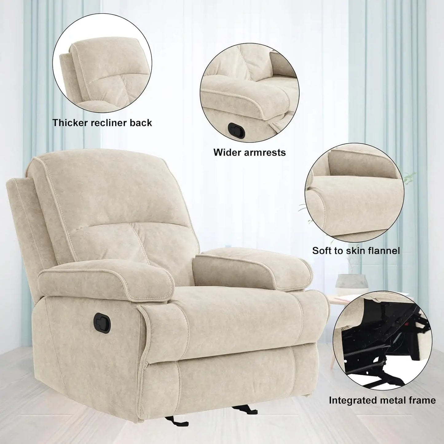 Manual Rocker Recliner Chair for Adults, High Back Glider with Deep Seat, Upholstered Fabric Armchair, Customized