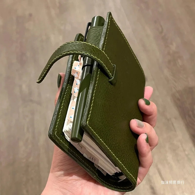 M5 Green Leather Notebook Portable Pocket-Sized with Loose Leaf Pages 60/40 Blank Inner Space Ideal for Girls Back to School