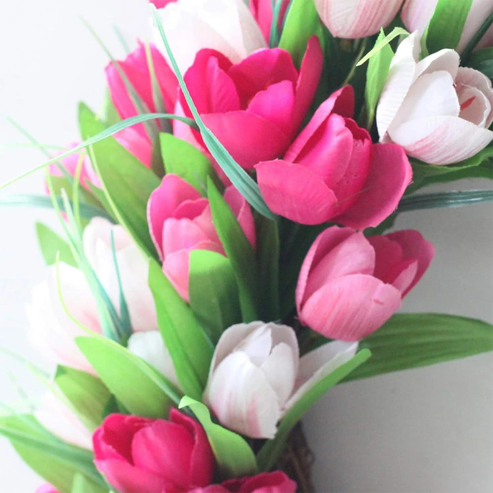 15.7inch Tulip Wreath for Front Door Spring Wreath Artificial Flower Wreath with Tulips for Wall Window Party Wedding Decor