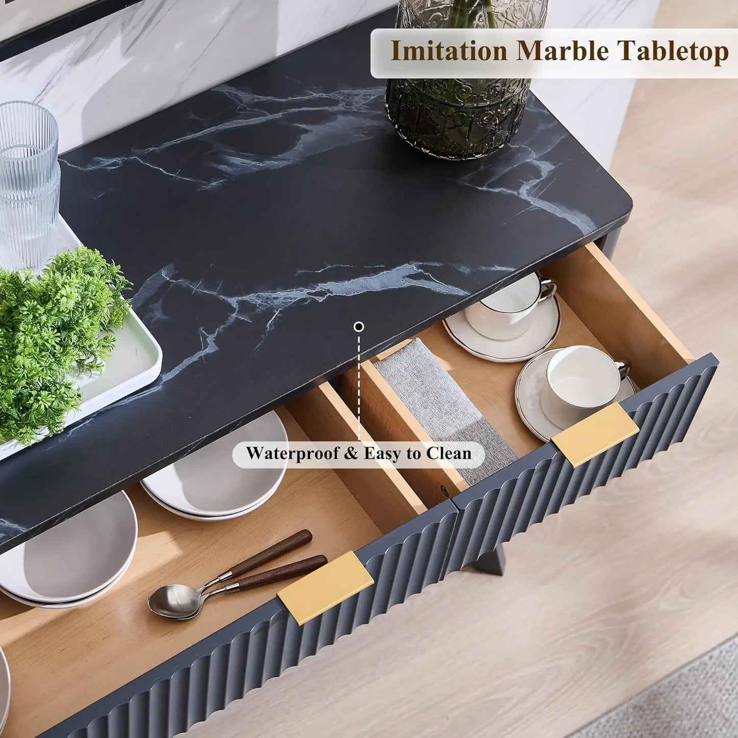 XMSJH Dark Grey Sixty Inch Fluted Buffet Sideboard Storage