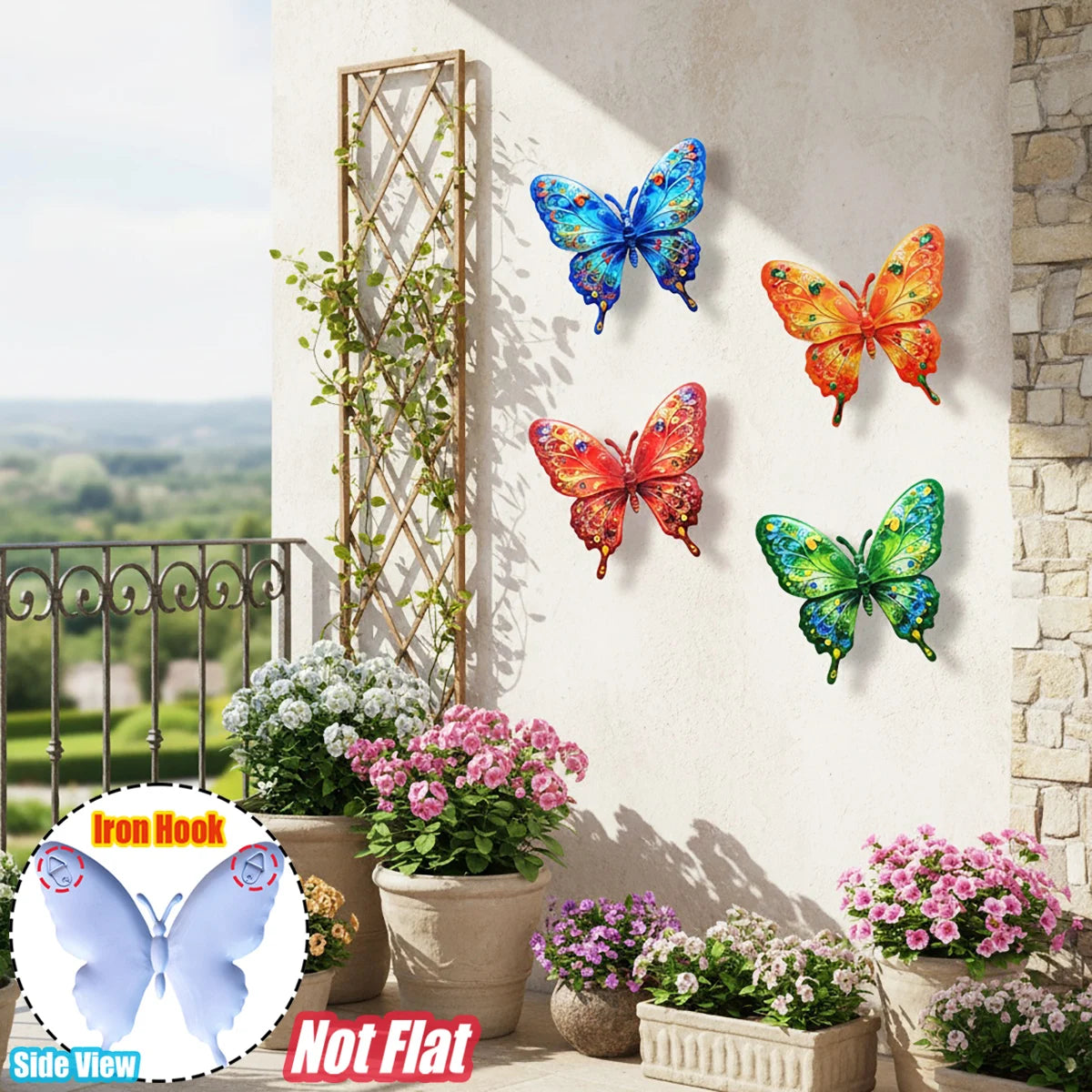4PCS Vibrant Metal Butterfly Wall Art Decor, Rust-Resistant Outdoor Sculpture with Tool-Free Hook for Garden, Yard, Patio, Fence