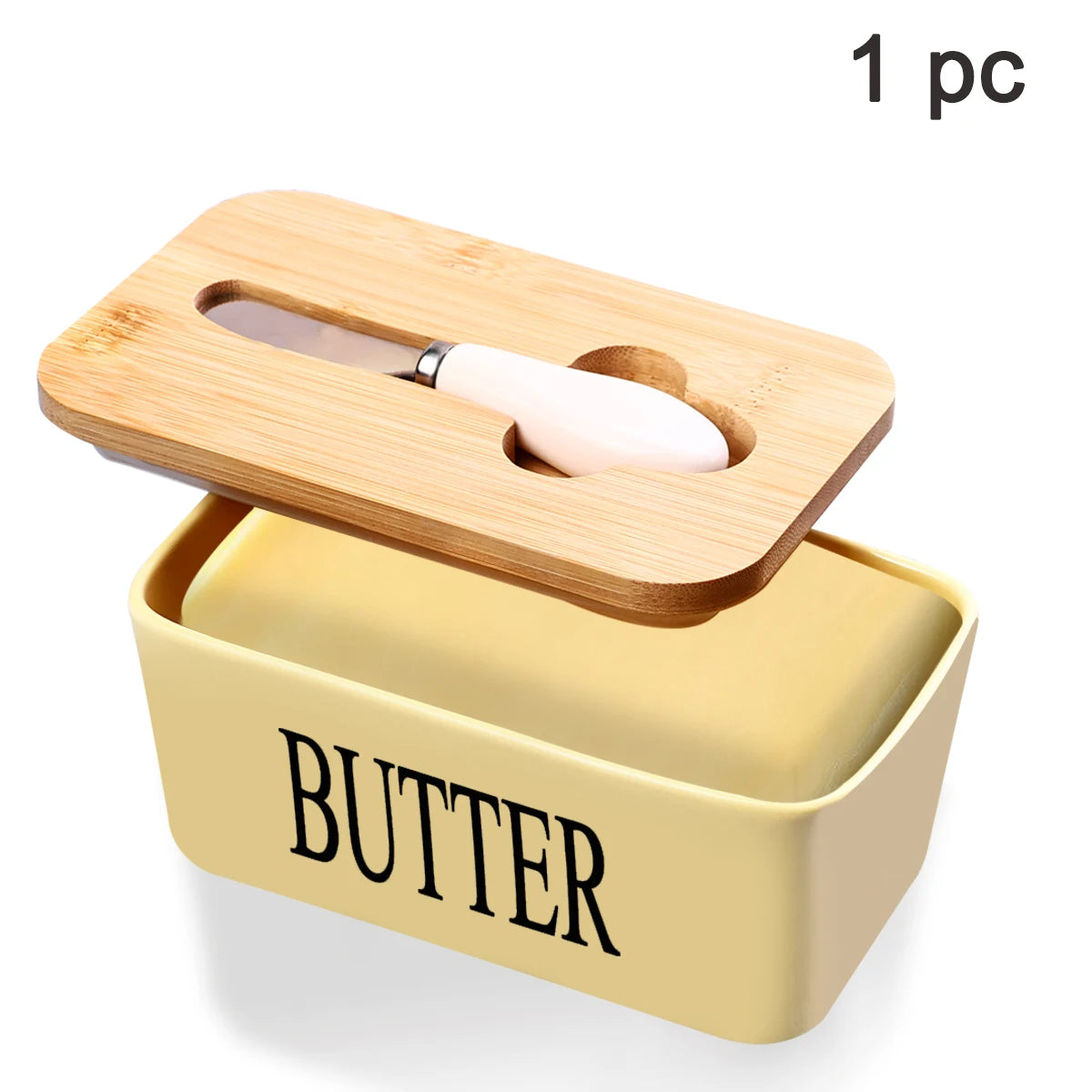 Ceramic Butter Dish With Bamboo Lid Built In Knife And Butter Keeper