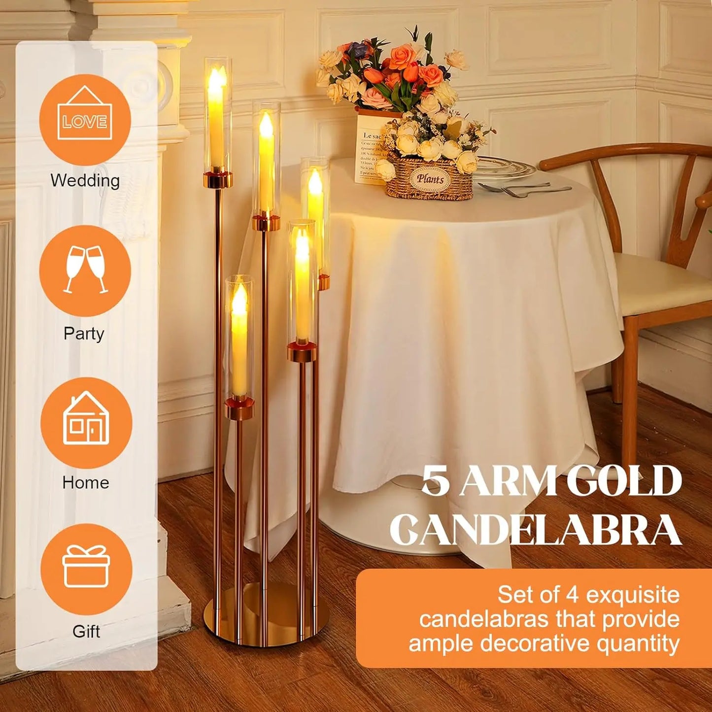4 Set Floor Candelabra for Wedding 5 Arm 42.5'' Candelabra Centerpieces for Tables Metal Candlestick Set with Acrylic Lampshade