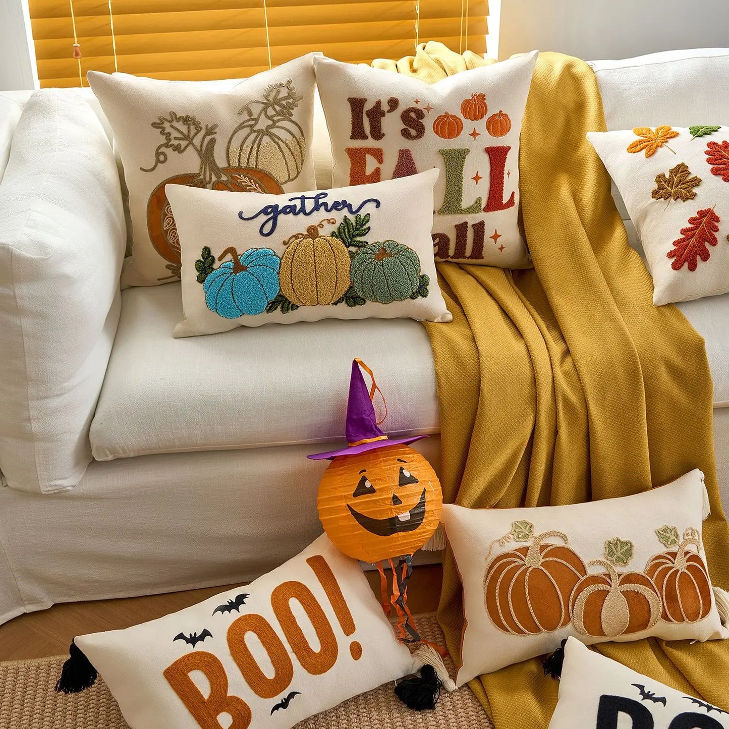 Halloween Tufted Throw Pillow Cover Thanksgiving Maple Pumpkin Square Cushion Cover for Home Living Room Party DIY Fall Decor