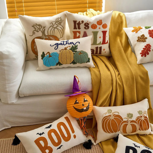 Halloween Tufted Throw Pillow Cover Thanksgiving Maple Pumpkin Square Cushion Cover for Home Living Room Party DIY Fall Decor