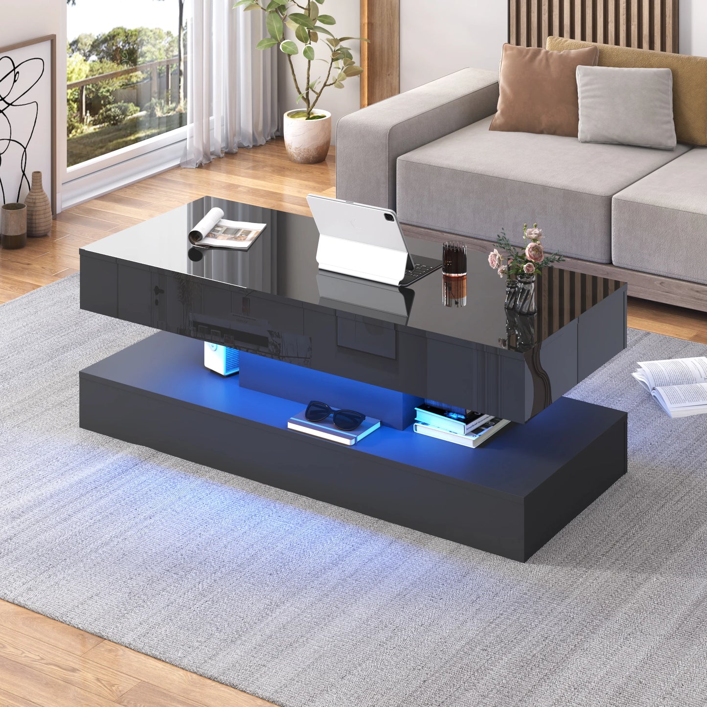 QiaoShiRen Modern LED Coffee Table With Open Display Shelf