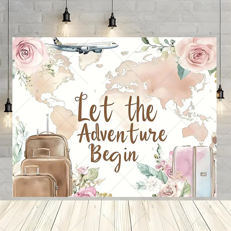 Let The Adventure Begin World Airplane Graduation Backdrop