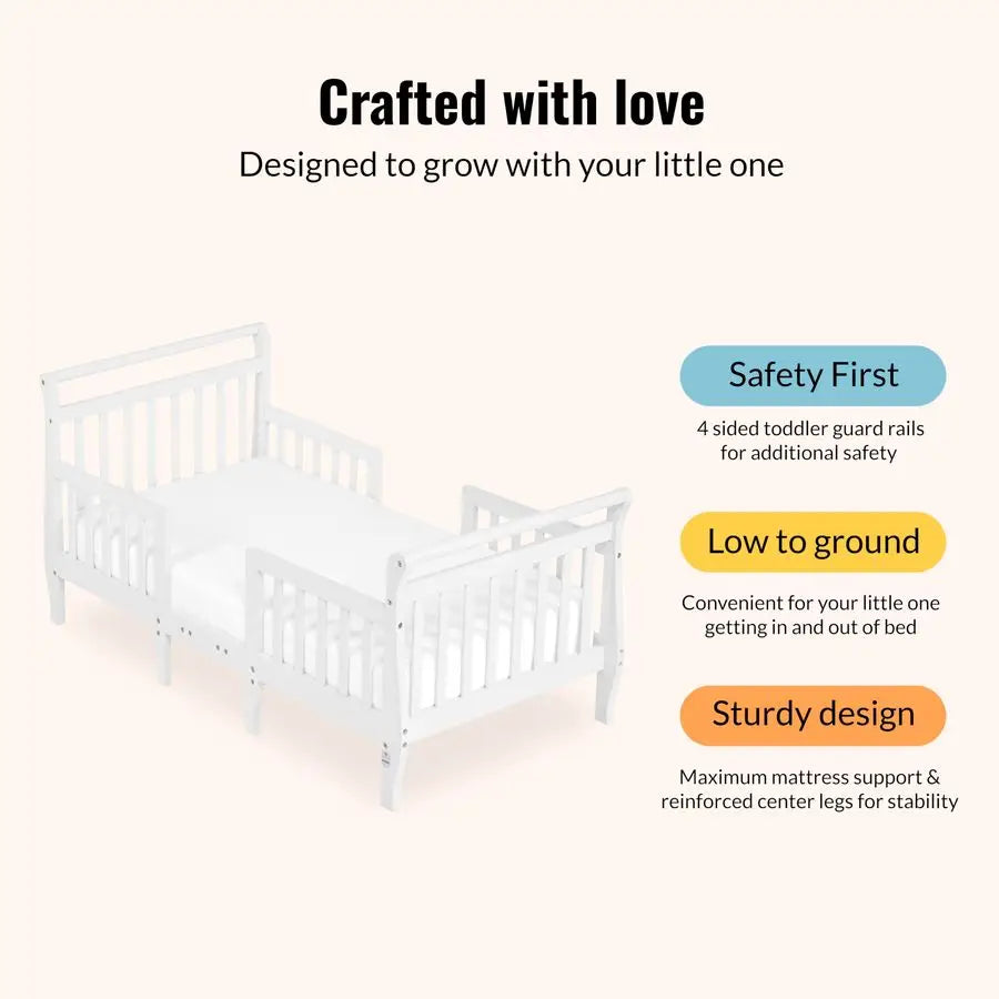Emma 3in1 Convertible Wooden Toddler Bed in White, Baby Safety Alliance Certified, LowtoFloor Design, Solid Pinewood with Safety