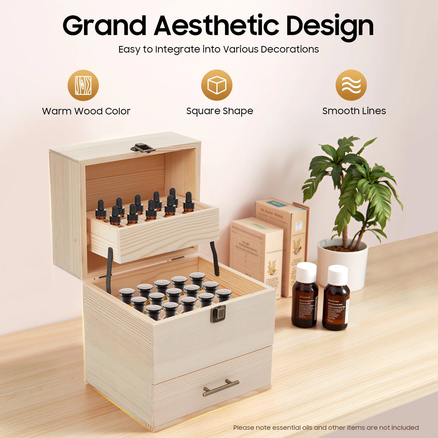 NONECN Wooden Essential Oil Storage Box Organizer Three-Tier 59 Slots
