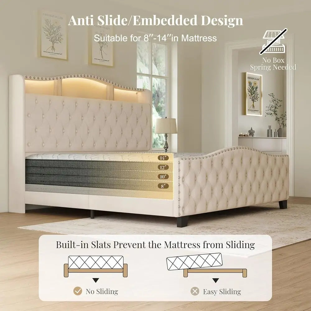 Velvet Wingback Bed Frame with LED Lights, Storage, and Charging Station - No Box Spring Needed,Customized