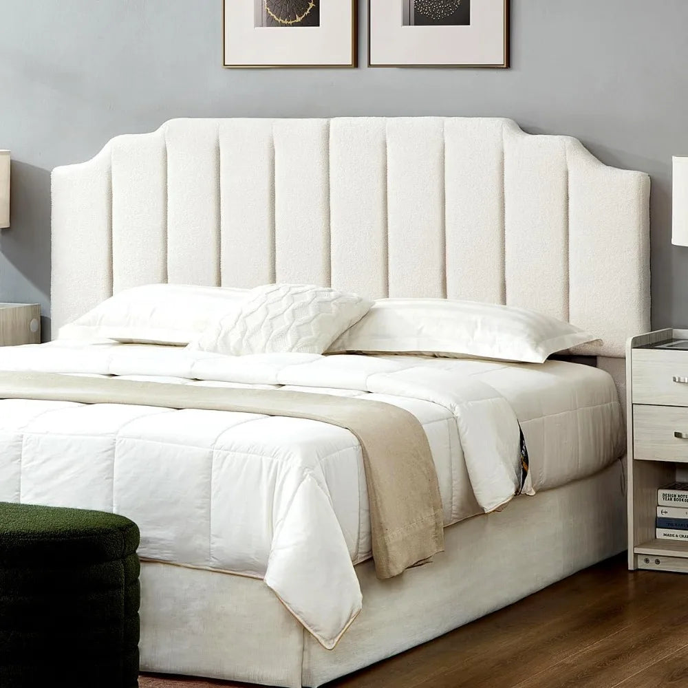 White Teddy Fabric Tufted King Upholstered Headboard, Modern Vertical Channel Design California King Headboard with Stepped Sil