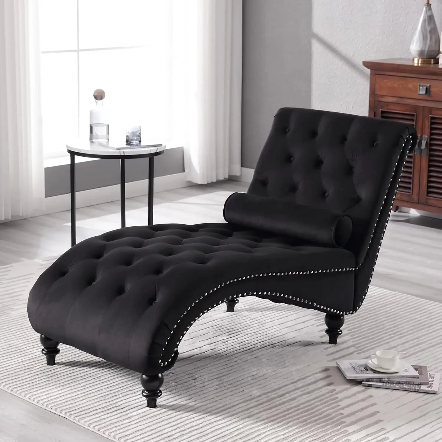 Velvet Button-Tufted Chaise Lounge Chair Indoor Comfortable Seating with Pillow Upholstered Customizable for Bedroom Living Room