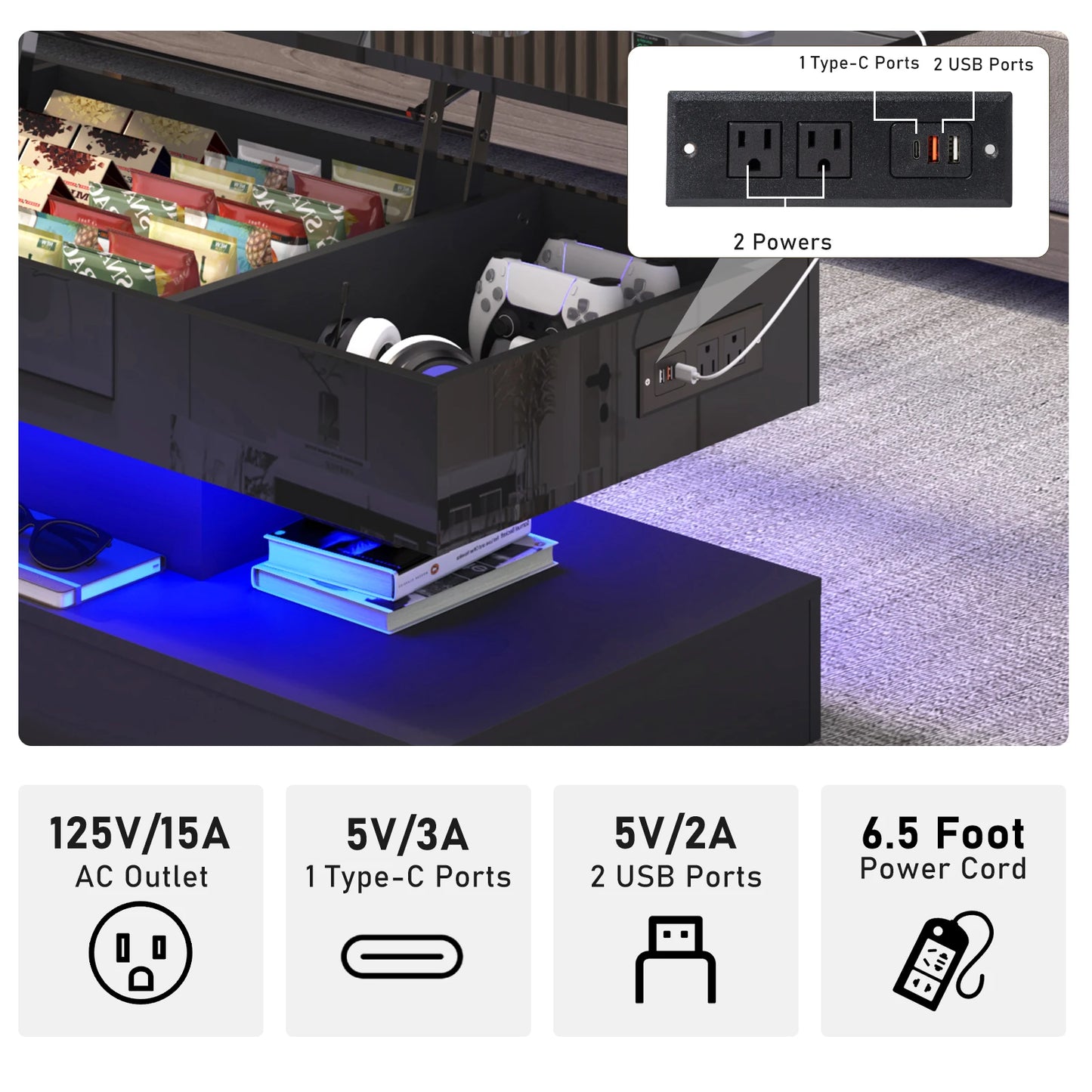 QiaoShiRen Modern LED Coffee Table With Open Display Shelf